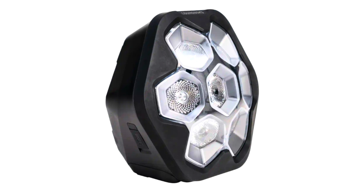 Front-angled view of a single black Soundboks Lightbox party light against a transparent background.