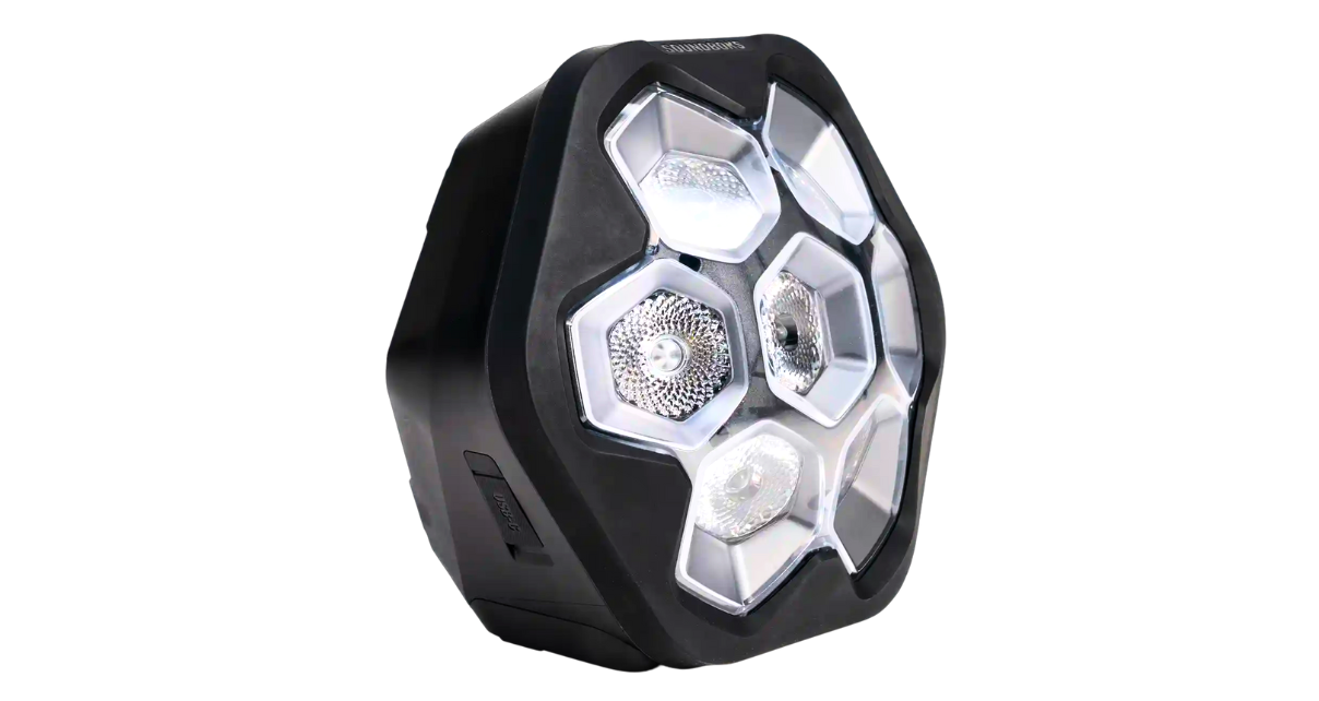 Front-angled view of a single black Soundboks Lightbox party light against a transparent background.