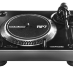 Front angled view of a single black Reloop RP-7 DJ turntable against a transparent background.