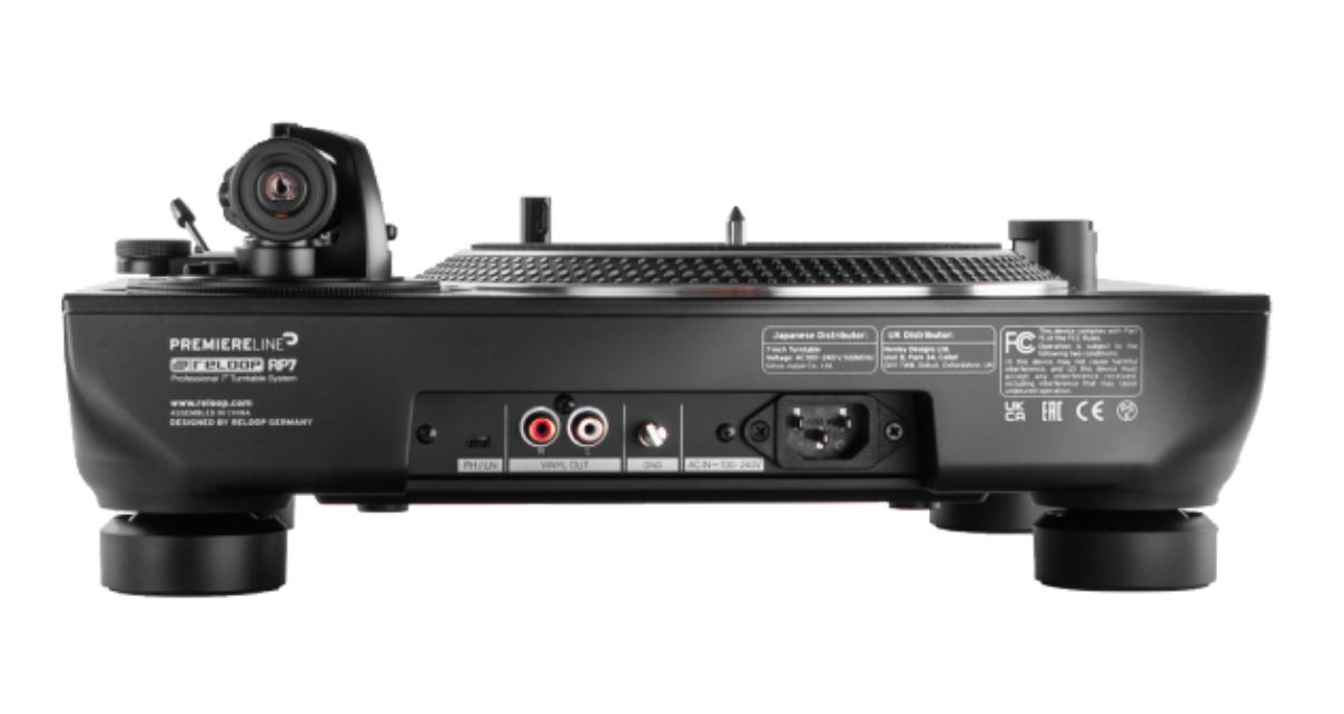 The rear connection panel of a black Reloop RP-7 turntable on a white background.