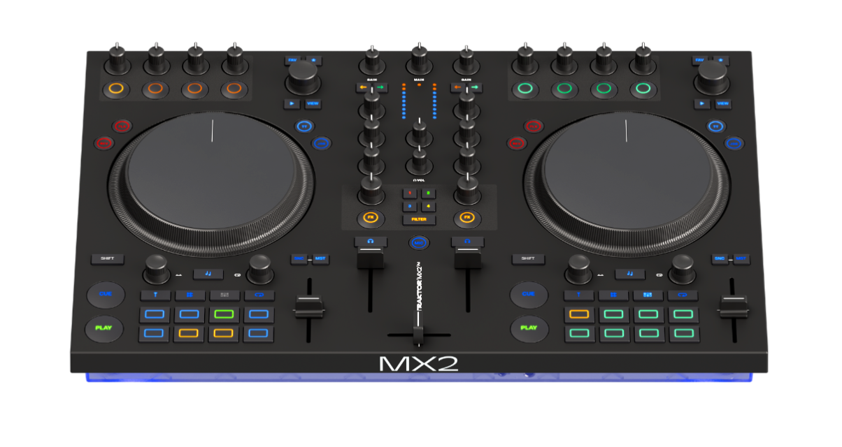 Front angled view of a Native Instruments MX2 DJ controller against a transparent background.