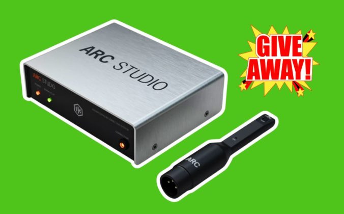 A silver IK Multimedia Arc Studio box next to a black microphone, both outlined in white. In the top right is a yellow, red, white, and black graphic that says "Giveaway!". The background of the image is bright green.