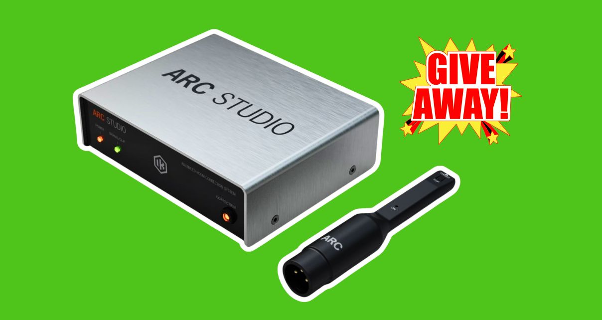 A silver IK Multimedia Arc Studio box next to a black microphone, both outlined in white. In the top right is a yellow, red, white, and black graphic that says "Giveaway!". The background of the image is bright green.