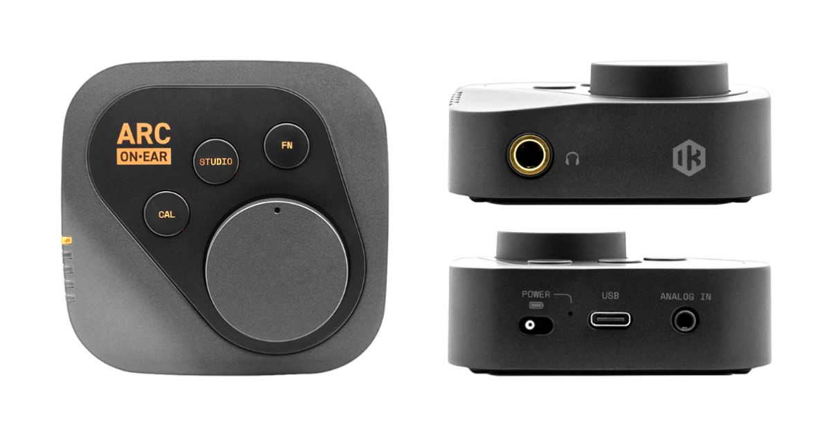 Image of a compact IK Multimedia ARC ON EAR headphones interface showing front and side views, featuring buttons, a volume knob, and various audio input/output ports, all against a transparent background.