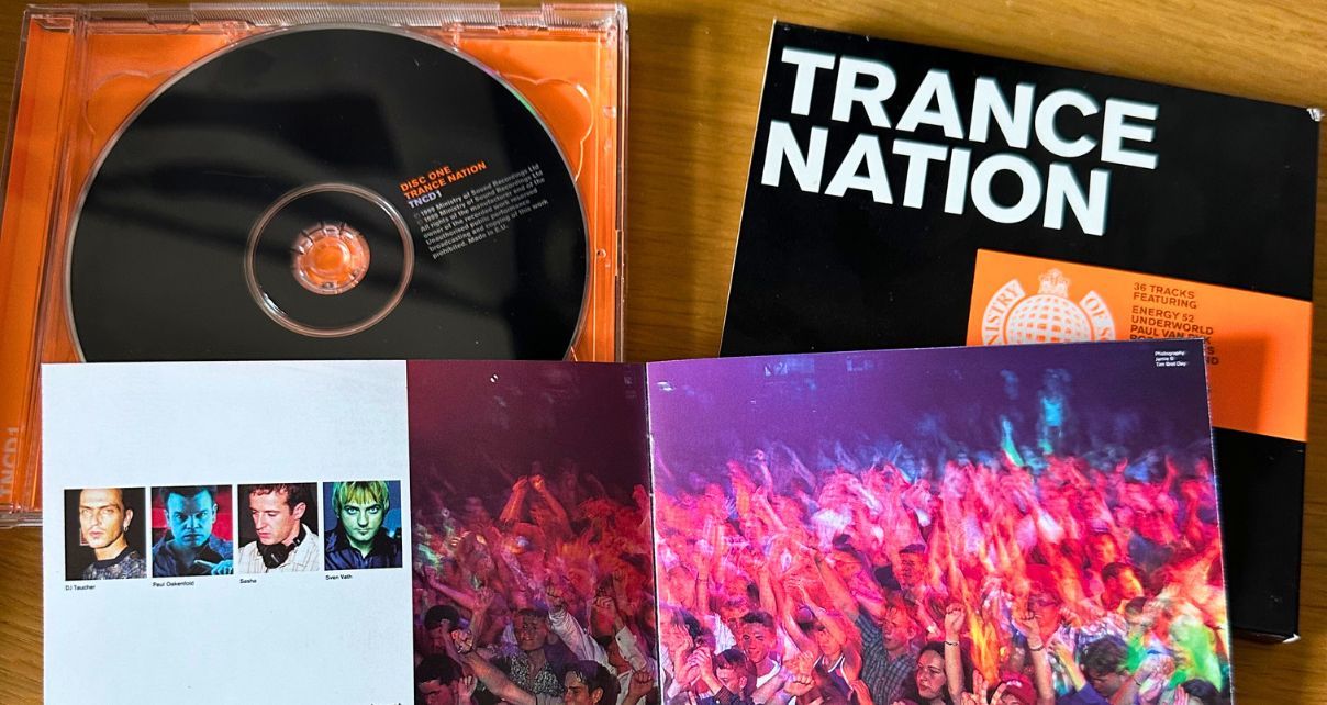 CD, cover, and booklet from "Trance Nation," featuring vibrant images of a lively crowd, showcasing the energy of trance music.