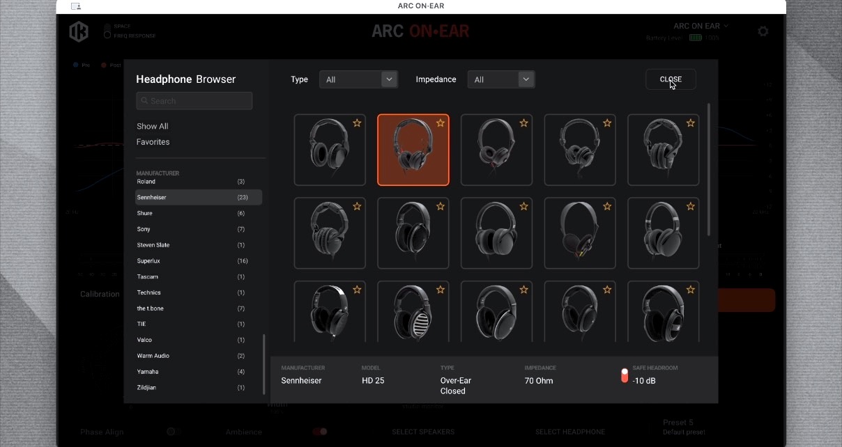 A screenshot of Ik Multimedia's Arc On-Ear computer software, showing the Headphone Browser menu. The headphones highlighted in orange are the Sennheiser HD25s.