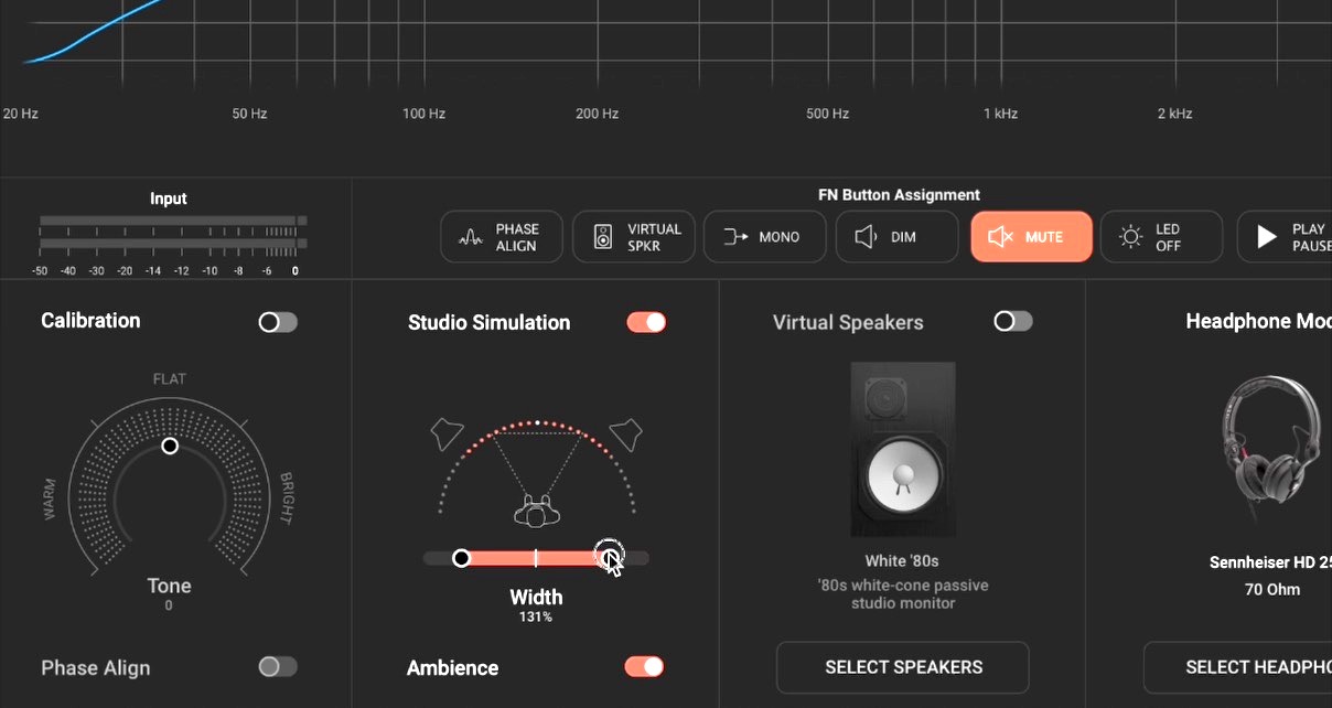Zoomed-in screengrab of Arc On-Ear software showing the Calibration, Studio Simulation, and Virtual Speakers sections.