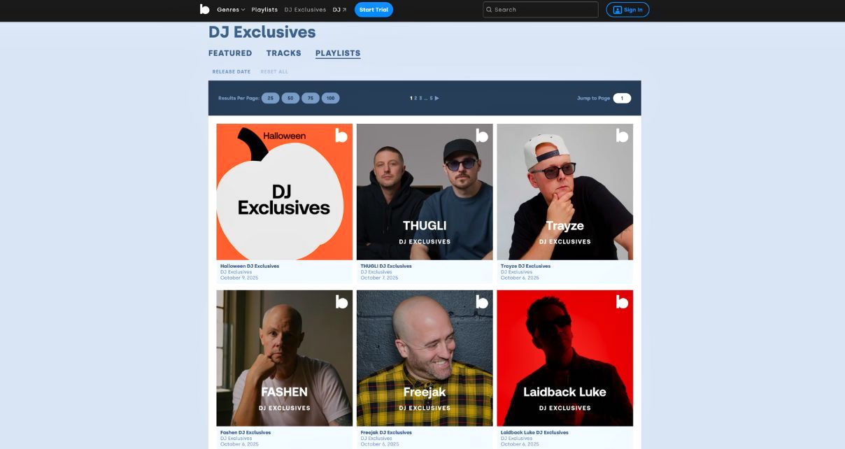 A webpage displaying "DJ Exclusives" playlists featuring various DJs and tracks, with a Halloween theme highlighted in the top section.