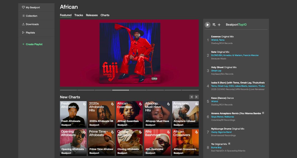 A screengrab of the Beatport platform displaying the 'African' genre, featuring playlists and charts of popular Afrobeat tracks and artists.