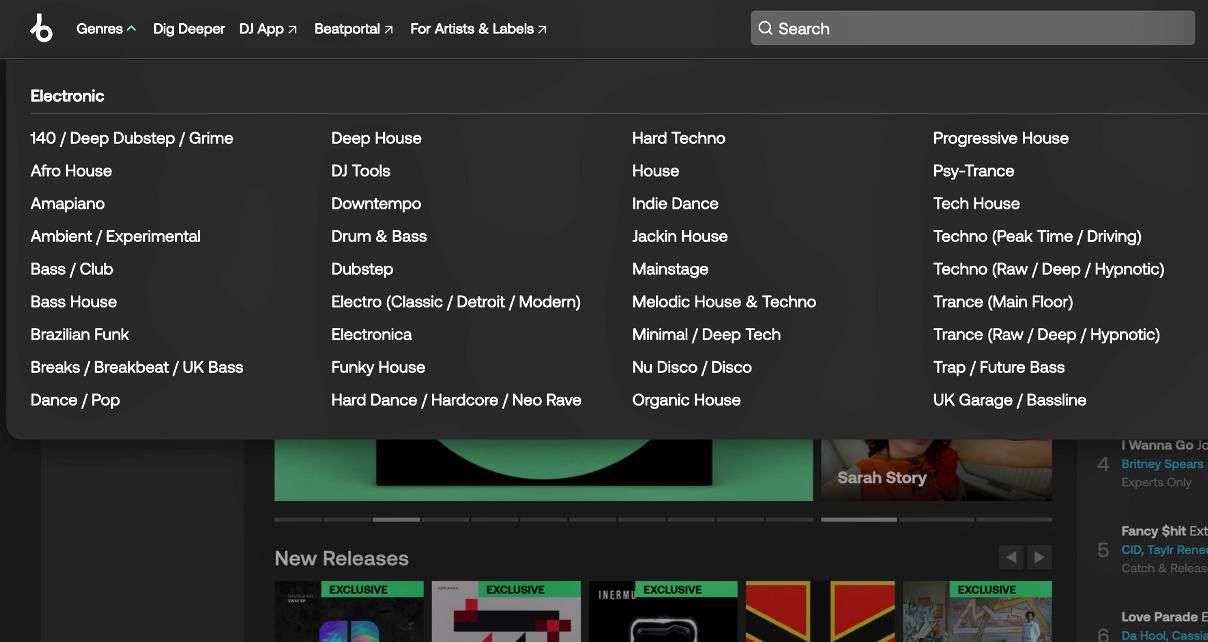 A screengrab of Beatport's homepage, featuring grey and green colouring. The Genres column drops down into 36+ genres of electronic music, including dubstep, house, indie dance, and more. 
