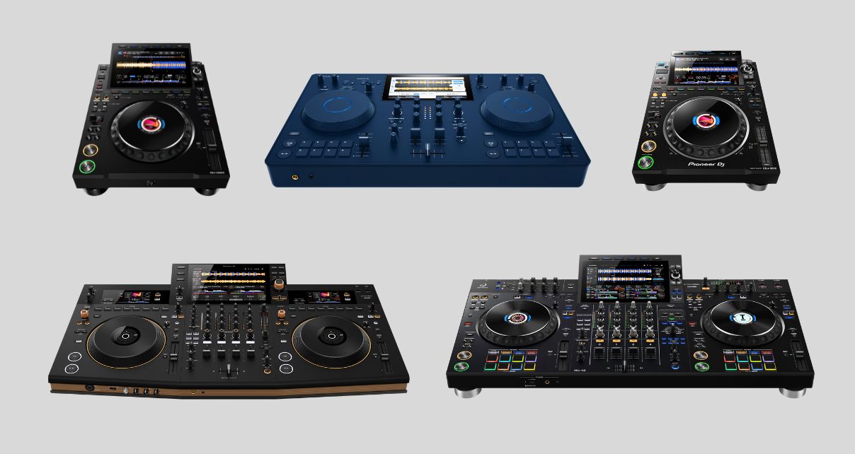 Product shots of five different pieces of DJ hardware on a light grey background.