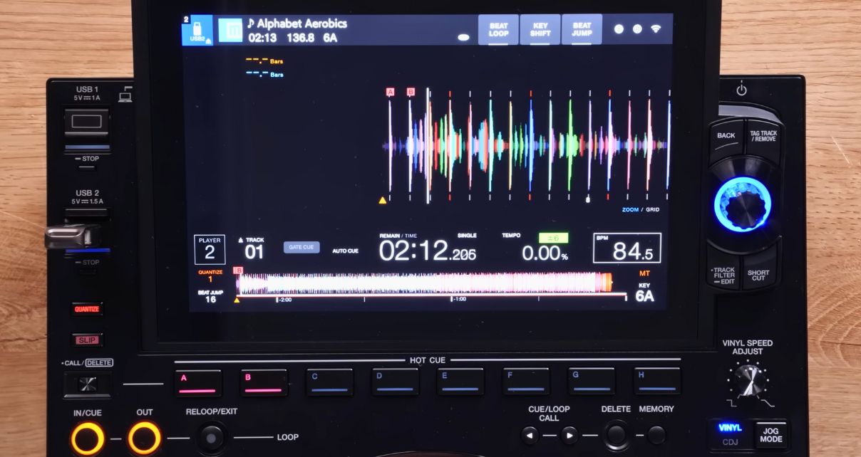 Top-down view of a CDJ screen displaying Djay Pro beatgrids, waveforms, and cue points on a wooden desk.