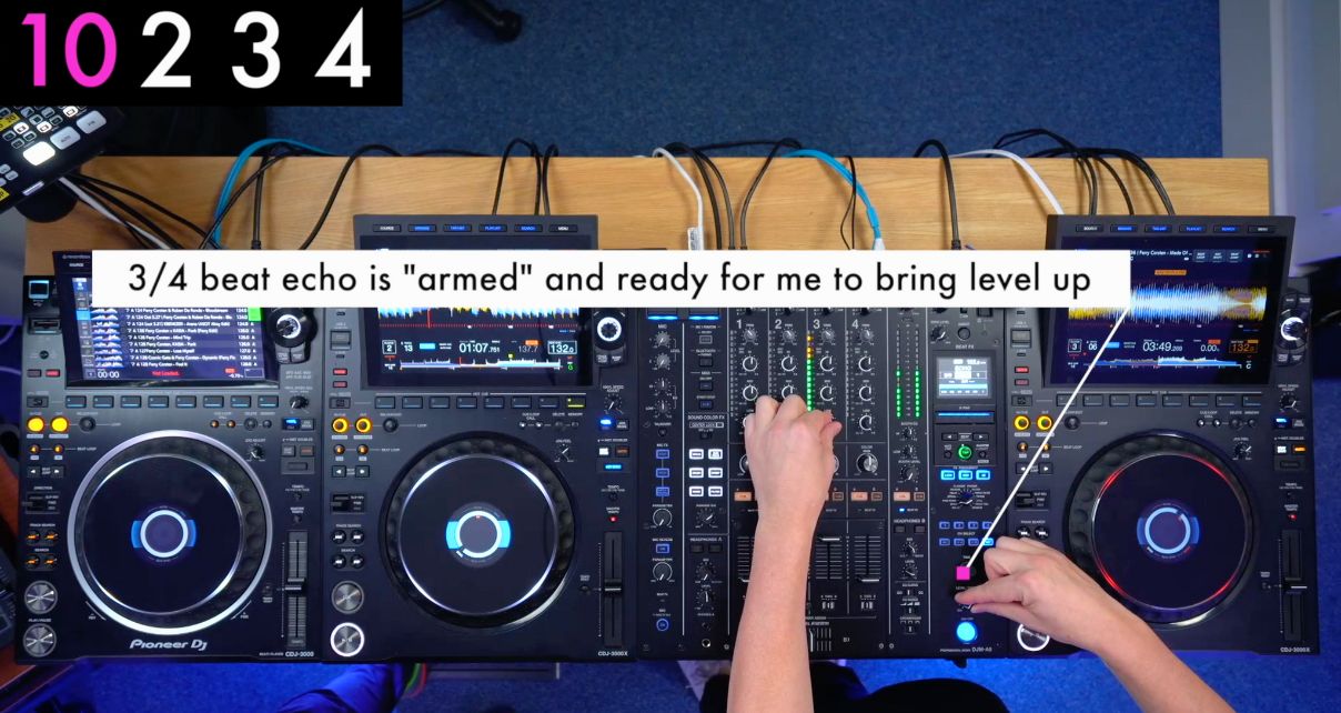 An overhead shot of a DJ mixing on four CDJs and a mixer in a well-lit studio. In the top left corner is a black and white number counter with the number 10 highlighted in pink. It reads "10 2 3 4". Below that and above the decks in an annotation pointing to the echo controls on the DJ mixer. It reads "3/4 beat echo is "armed" and ready for me to bring level up".