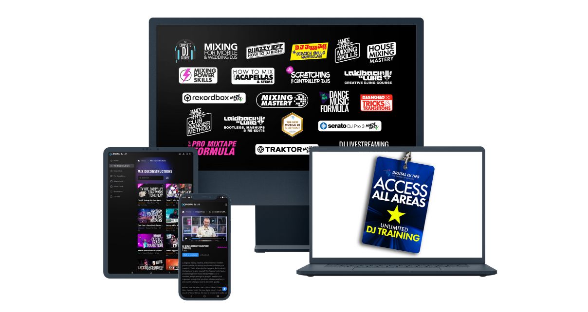 A desktop monitor, tablet, smartphone, and laptop are displaying various aspects of Access All Areas from Digital DJ Tips.