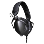 Front-angled view of black V-Moda M-100 Pro DJ headphones on a transparent background.