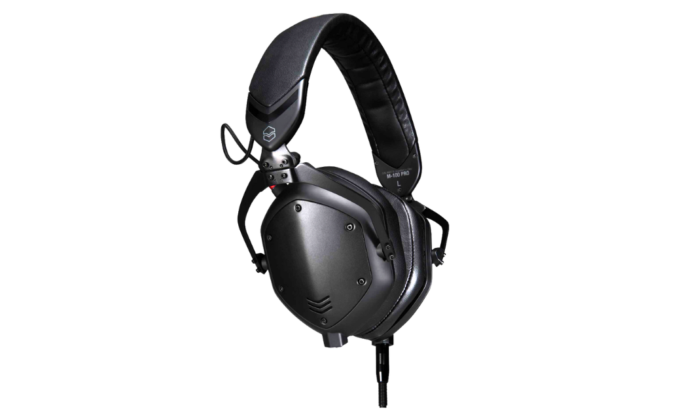 Front-angled view of black V-Moda M-100 Pro DJ headphones on a transparent background.