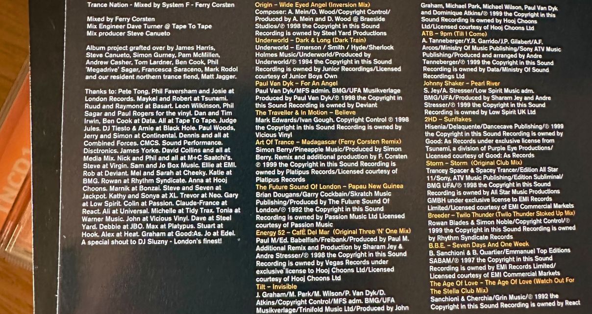 The credits and tracklist of Trance Nation Volume 1, with white and oranger text on a black background.