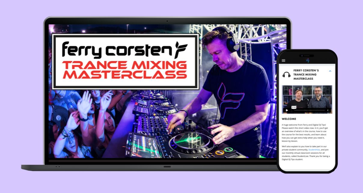A laptop and phone side by side displaying branding for Ferry Corsten's Trance Mixing Masterclass. The background is a light purple.