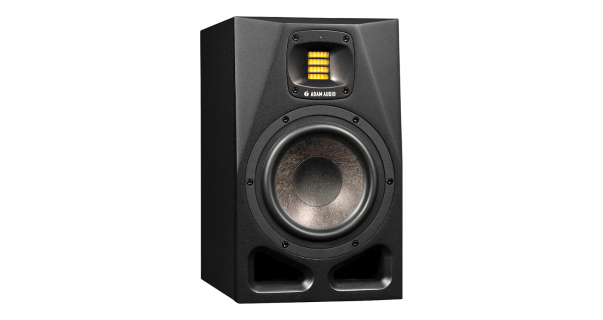 A single black Adam Audio A7V monitor on a transparent background.
