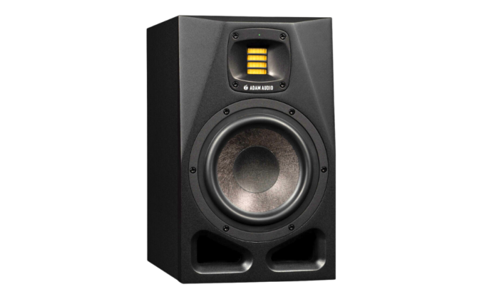 A single black Adam Audio A7V monitor on a transparent background.