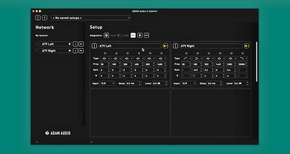Screenshot of Adam Audio A Control software, showing network setup for A7V Left and Right speakers with various audio settings. 