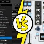 Hardware vs Software Effects in DJing: What's The Difference? Two images split by a yellow, white and black versus icon. On the left is software effects options inside DJ software. On the right is the hardware effects section on a white Rane One Mk2 DJ controller.