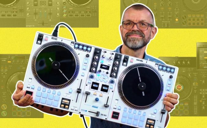 A collage design. In the foreground is Phil Morse, who has glasses, shaved hair, and a greying beard. He's holding a white Rane One MkII controller in his hands and smiling at the camera. In the background are four different pieces of DJ gear at 50% transparency. They frame the image in front of a bright yellow background.