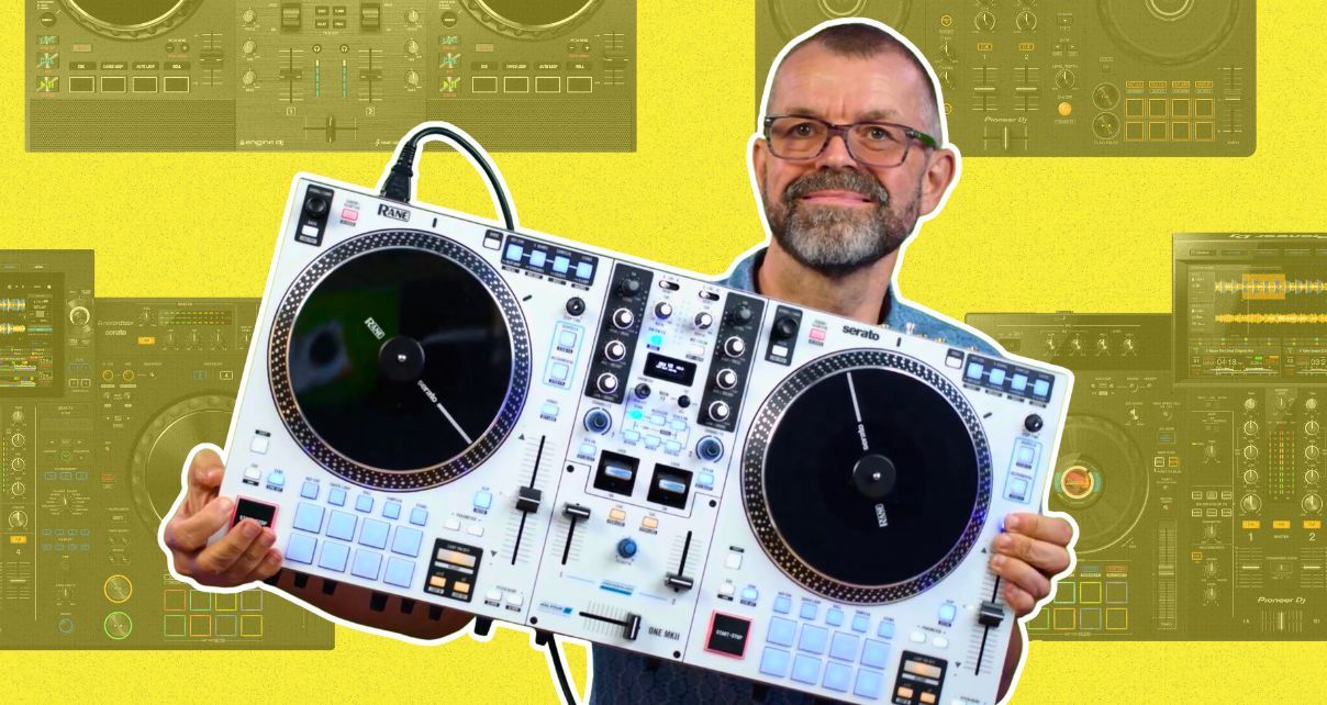 A collage design. In the foreground is Phil Morse, who has glasses, shaved hair, and a greying beard. He's holding a white Rane One MkII controller in his hands and smiling at the camera. In the background are four different pieces of DJ gear at 50% transparency. They frame the image in front of a bright yellow background.