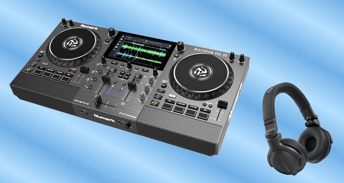 A Numark Mixstream Pro Go and Pioneer DJ HDJ-CUE1 headphones on a blue and white background.