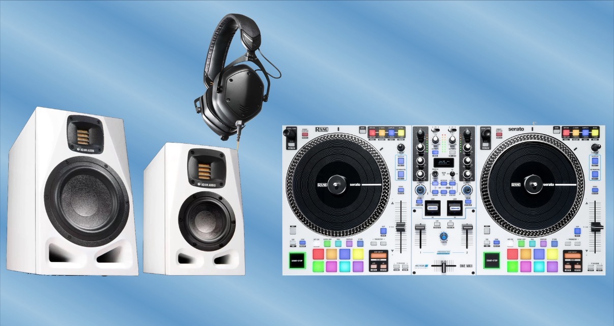 A Rane One MkII DJ controller, two Adam Audio A4V monitors, and a pair of V-Moda M-100 Pros on a blue and white background.