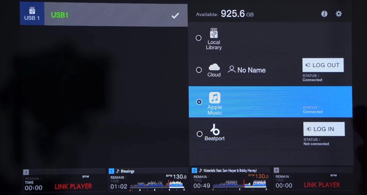 Close-up on the XDJ-AZ display screen, showing various source option, including Cloud, Apple Music, and Beatport streaming.