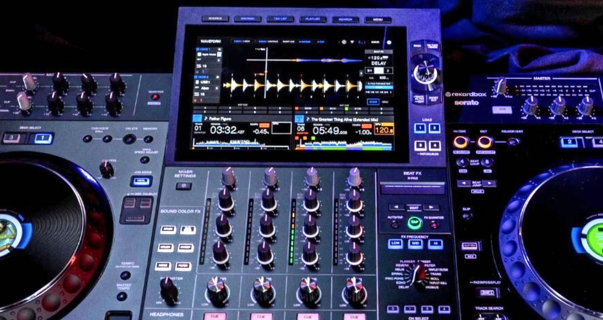 Top-down view of an XDJ-AZ standalone DJ system, focusing primarily on the display screen and mixer section.