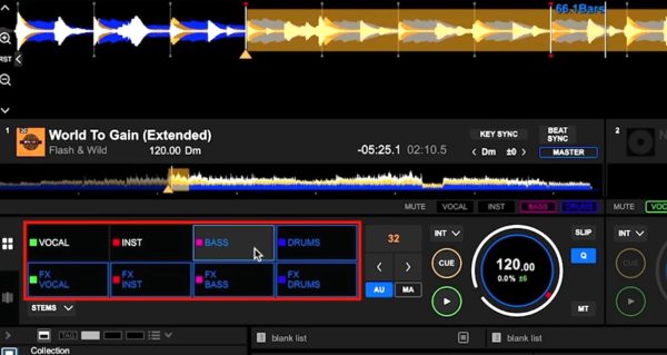 Screengrab of Rekordbox 7.2.8 DJ software, showing four stems highlighted in red.