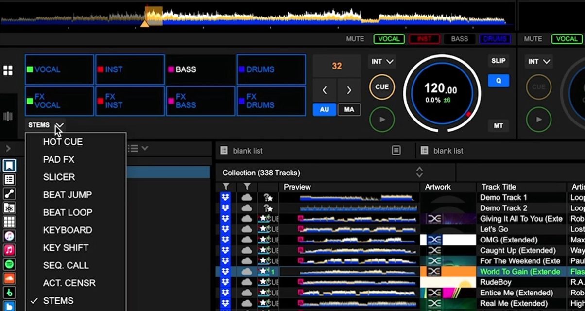 Screengrab of Rekordbox 7.2.8 DJ software showing a dropdown menu with Stems highlighted.