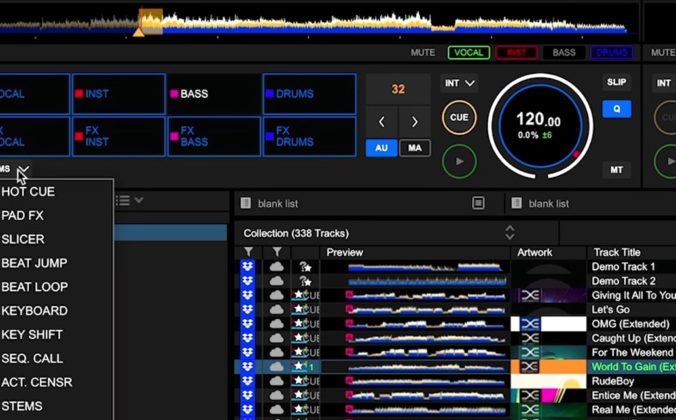 Screengrab of Rekordbox 7.2.8 DJ software showing a dropdown menu with Stems highlighted.