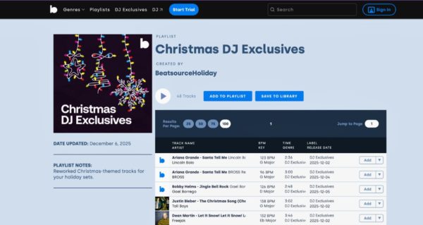 Screengrab of Beatsource's Christmas DJ Exclusives playlist. 