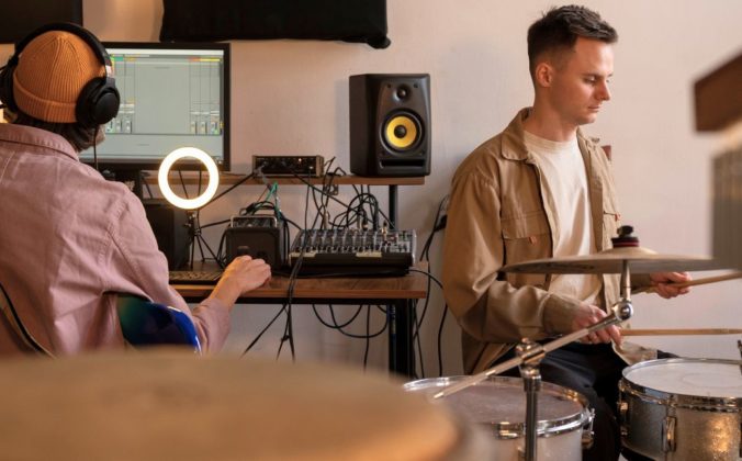 Two musicians collaborate in a studio. On the left, a person with headphones plays an electric guitar at the computer, while the person on the right plays the drums.