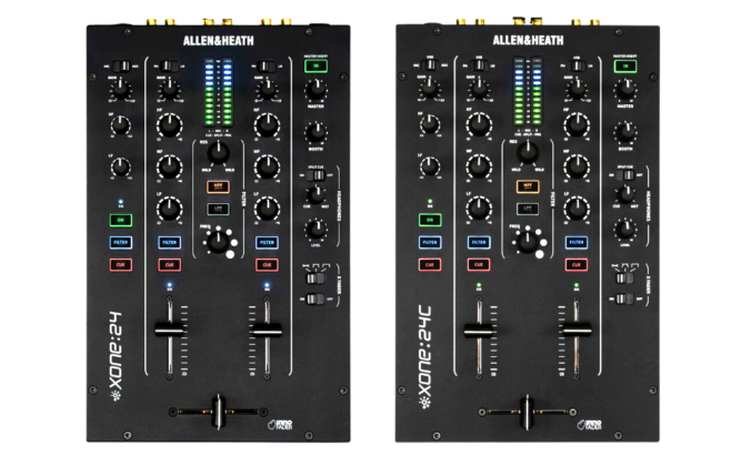 Two black Allen & Heath DJ mixers side by side on a transparent background. The one on the left is a Xone:24 and the one on the right is a Xone:24C.