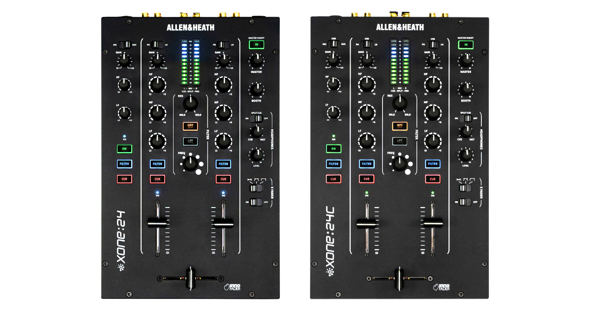 Two black Allen & Heath DJ mixers side by side on a transparent background. The one on the left is a Xone:24 and the one on the right is a Xone:24C.