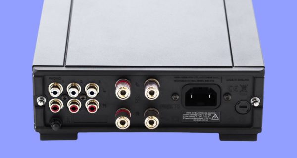 The rear panel connections of basic speaker amplifier on a light purple background. 