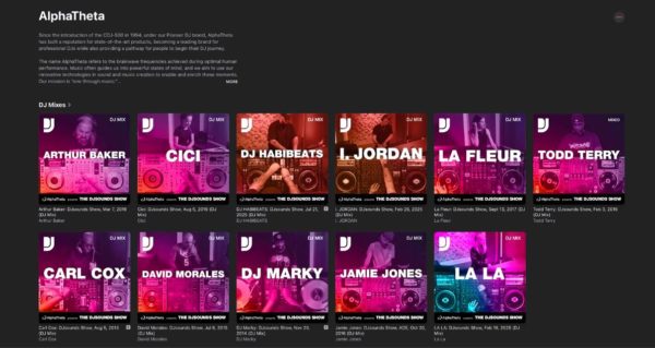 Grid of DJ mixes from AlphaTheta and Apple Music featuring various artists, including Arthur Baker and Todd Terry, showcasing their performances.