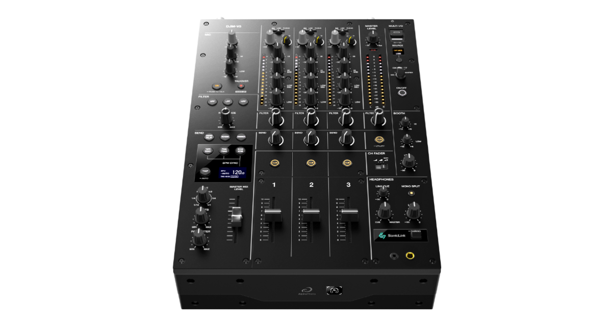 An angled AlphaTheta DJM-V5 DJ mixer against a transparent background.