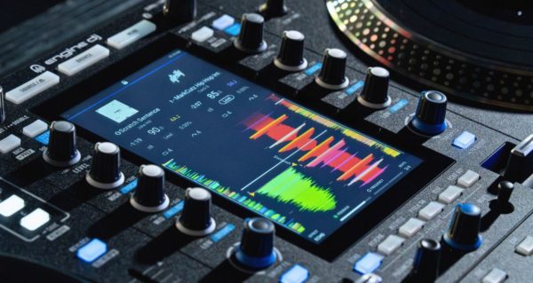 Close-up of the Rane System One vertical touchscreen display showing RGB waveforms and Engine DJ interface sandwiched between mixer controls.