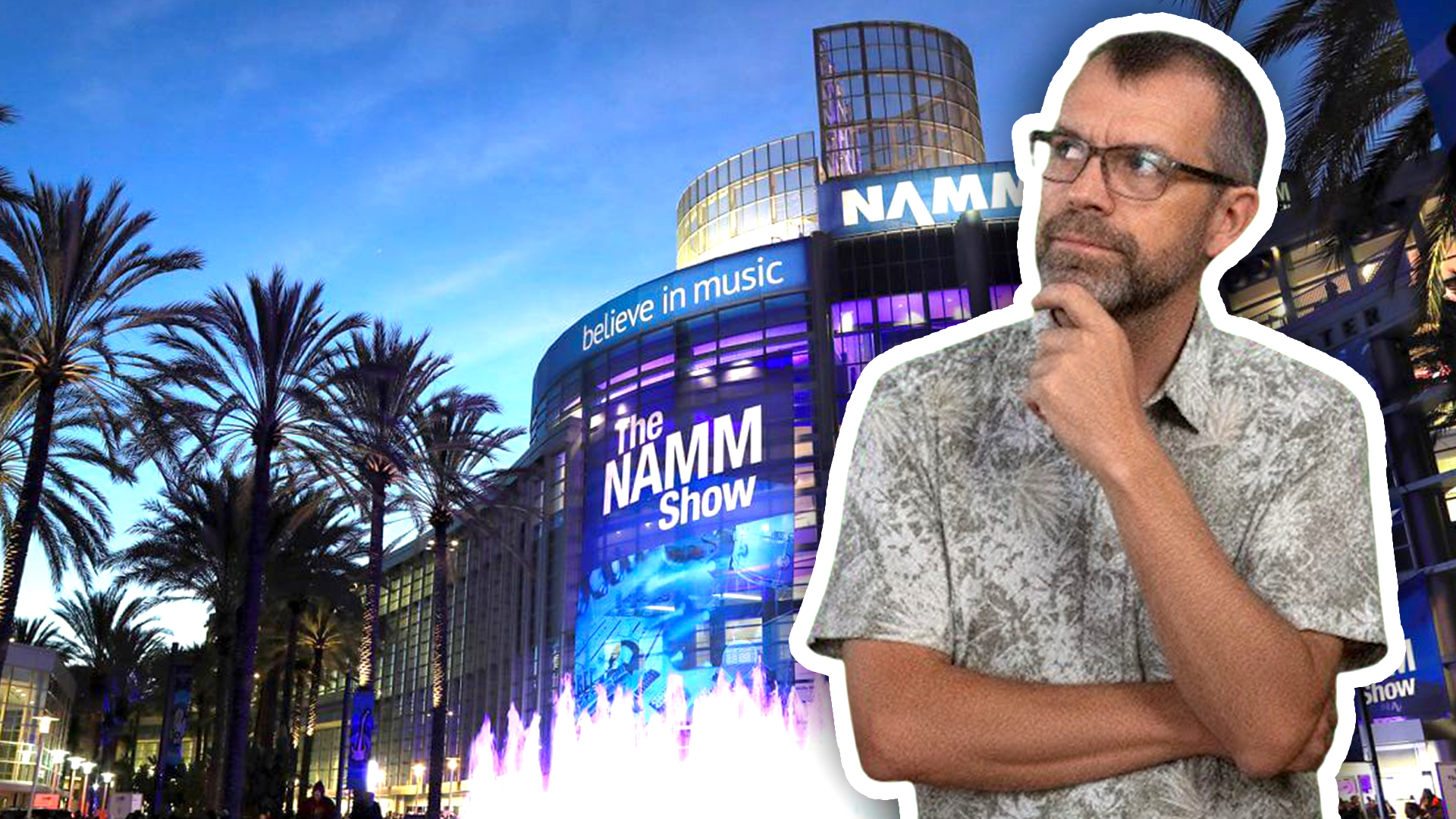 Photo of Phil Morse in a tan Hawaiian-style button-up shirt doing a thinking face pose against a photo of The Namm Show.