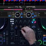 Overhead view of a Pioneer DJ DDJ-FLX10 controller showing a DJ's hand positioned over the mixer section's channel faders, with two tracks loaded on the displays showing "Feel My Needs (Extended Mix)" by Weiss at 125 BPM and "Lady (Hear Me Tonight)" by Modjo at 125.43 BPM.