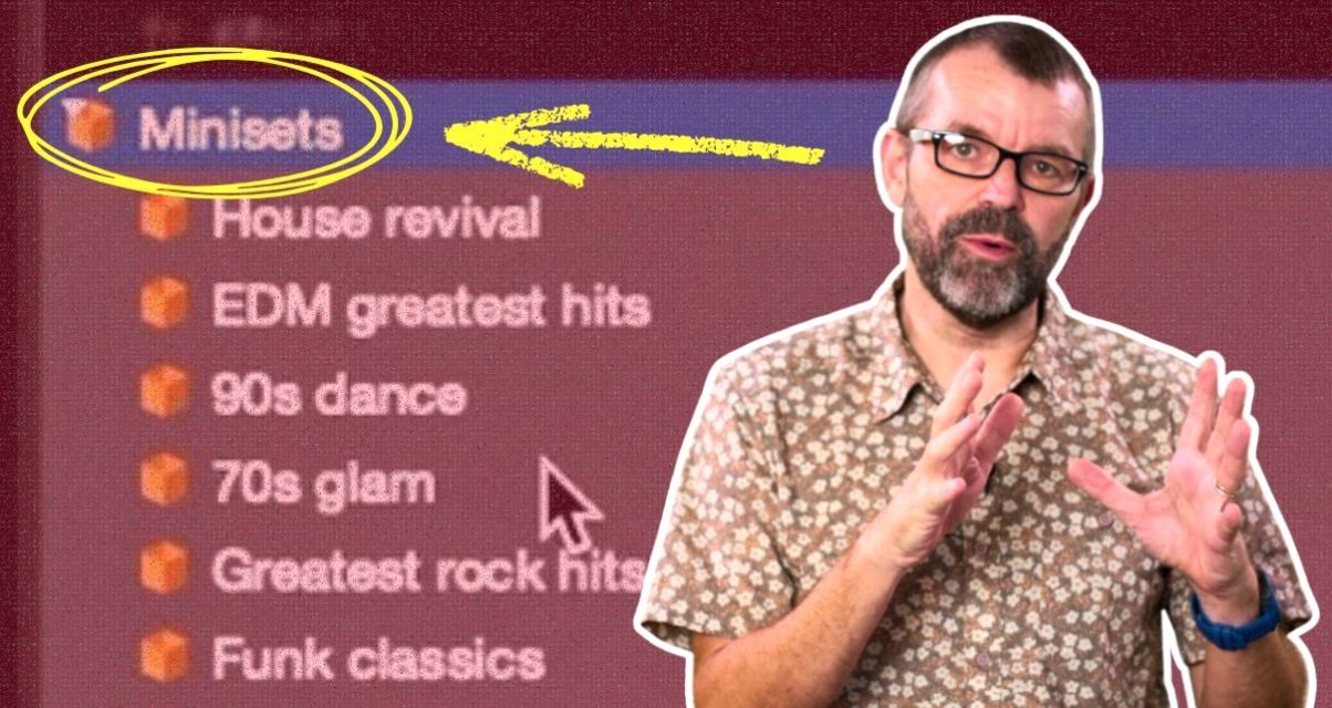 Phil Morse gesturing while explaining minisets, shown against a DJ software screenshot displaying example miniset playlists including House revival, EDM greatest hits, 90s dance, 70s glam, Greatest rock hits, and Funk classics, with 'Minisets' circled at the top.