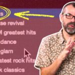 Phil Morse gesturing while explaining minisets, shown against a DJ software screenshot displaying example miniset playlists including House revival, EDM greatest hits, 90s dance, 70s glam, Greatest rock hits, and Funk classics, with 'Minisets' circled at the top.