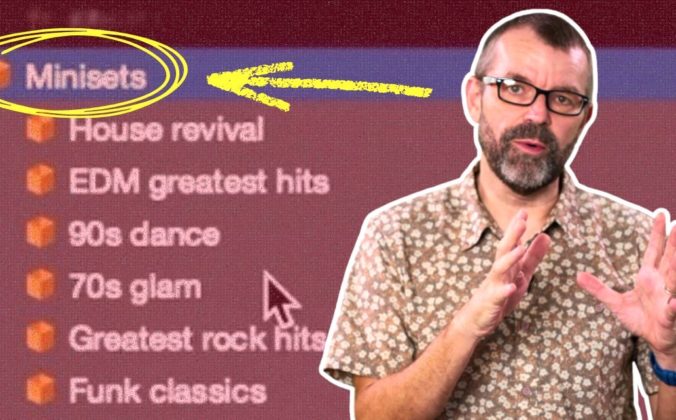 Phil Morse gesturing while explaining minisets, shown against a DJ software screenshot displaying example miniset playlists including House revival, EDM greatest hits, 90s dance, 70s glam, Greatest rock hits, and Funk classics, with 'Minisets' circled at the top.
