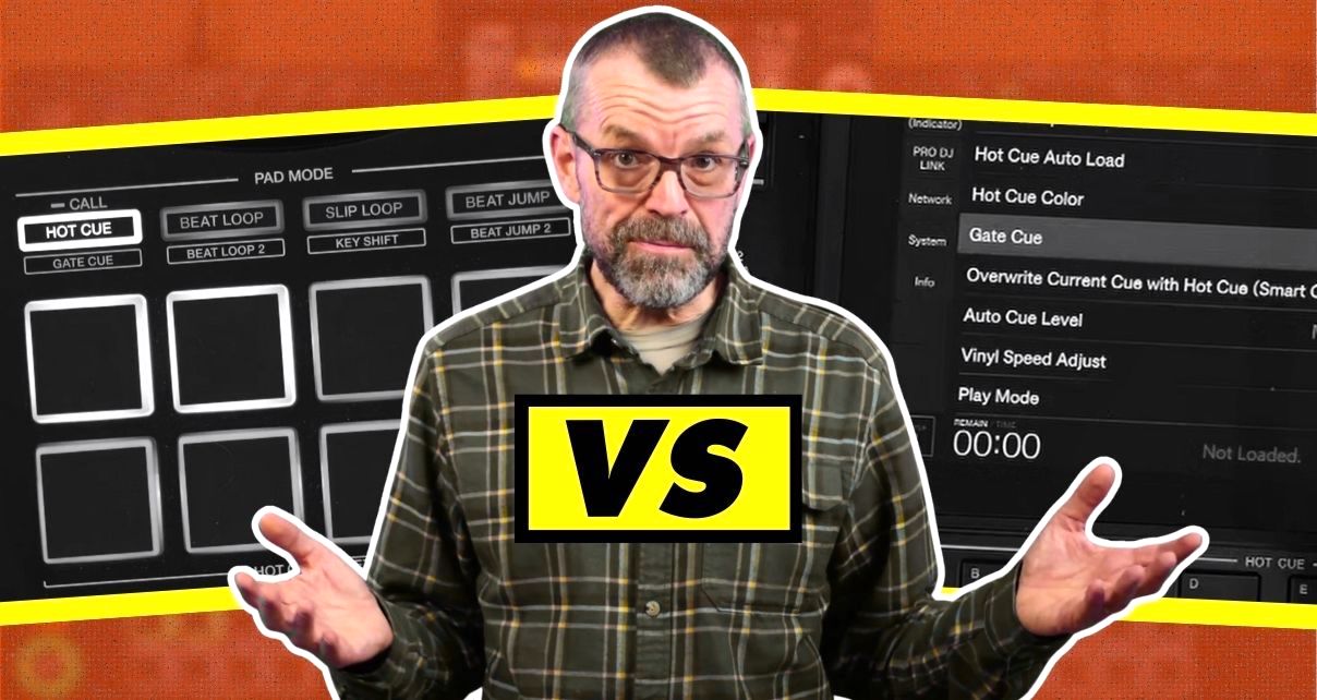 Phil Morse gestures with both hands raised in explanation, standing between graphics showing DJ controller hot cue pads on the left and a CDJ-3000X gate cue menu setting on the right, with "VS" in yellow and black displayed prominently in the centre.