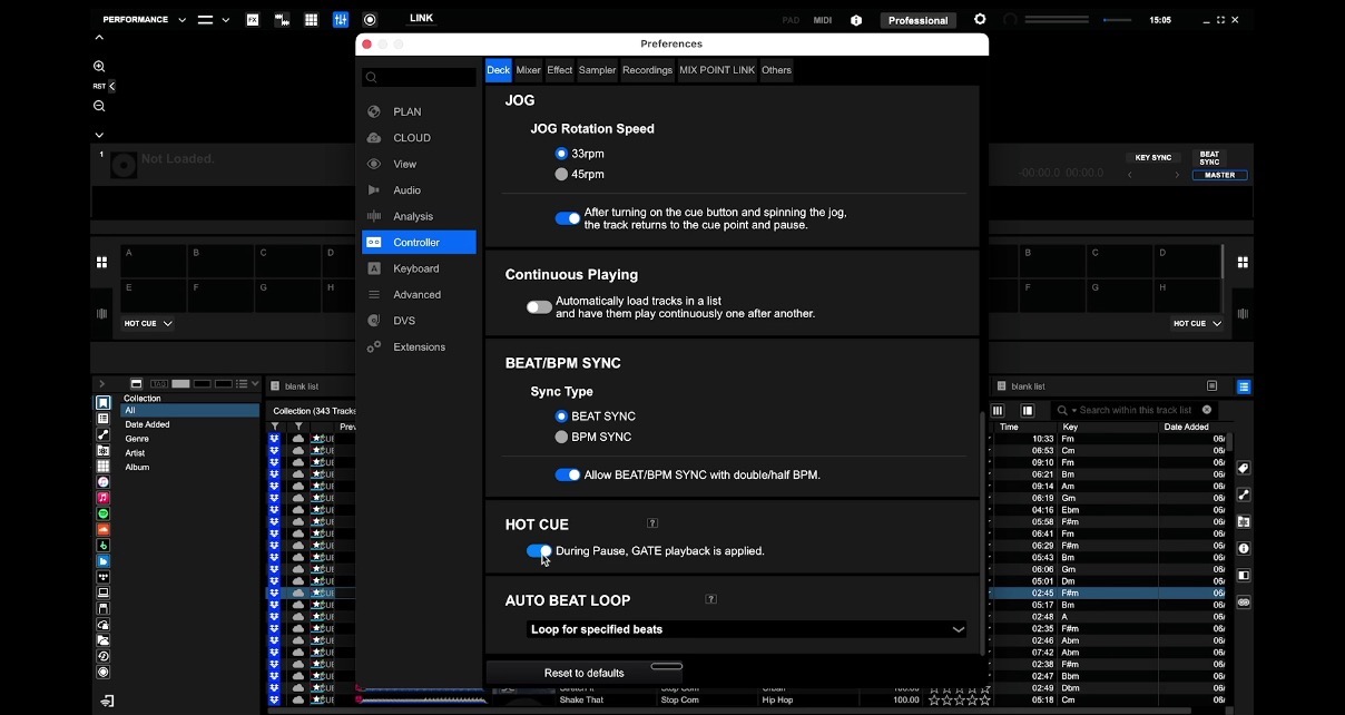 Rekordbox Preferences window showing the Controller settings panel with Deck tab selected, highlighting the Hot Cue section where "During Pause, GATE playback is applied" option is checked.